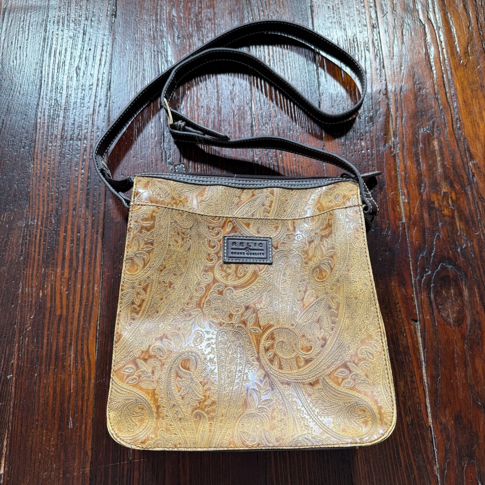 Relic Crossbody Bag Purse Tan Brown Embossed Paisley Tooled Look Y2K